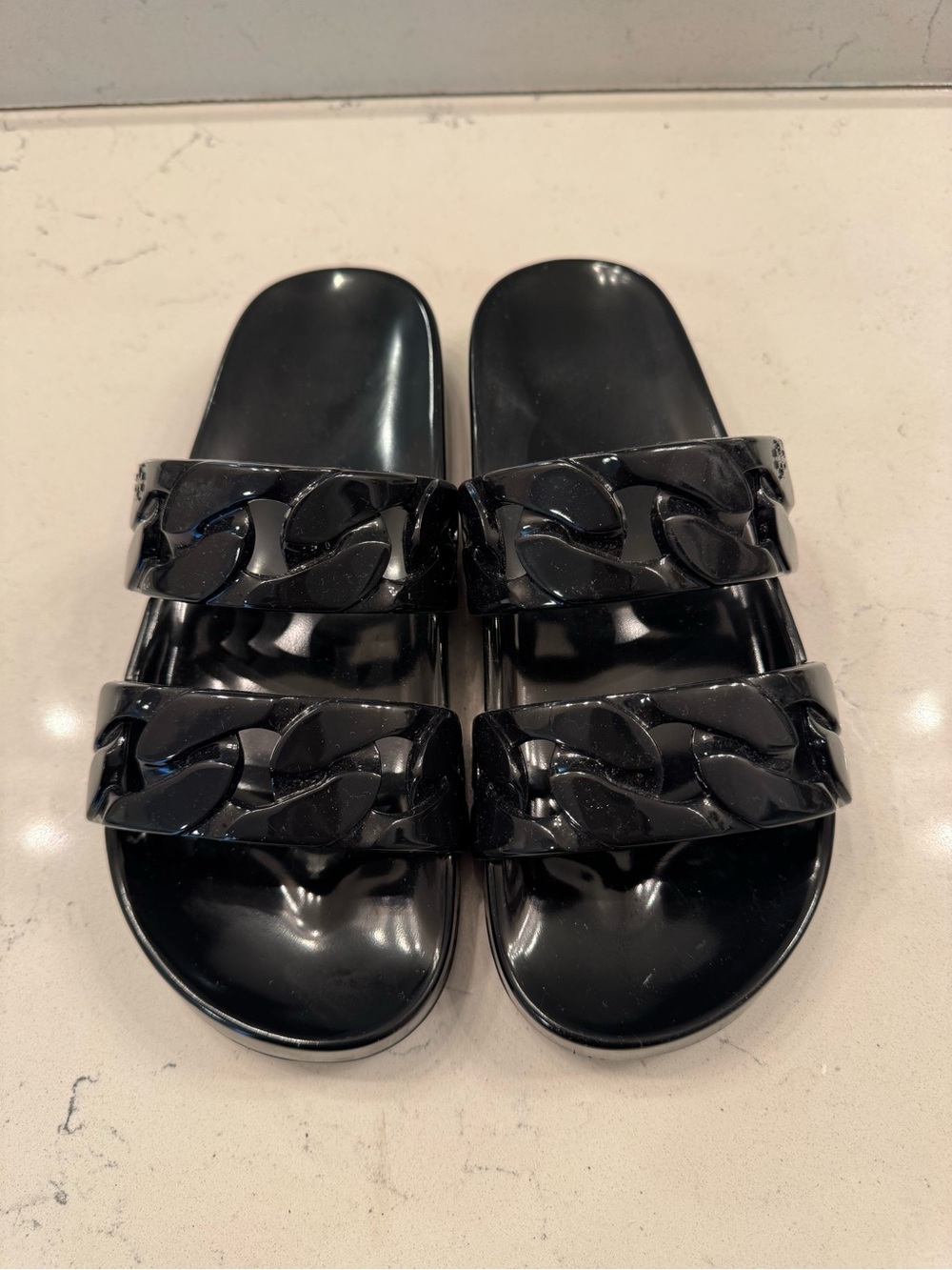 Tory Burch Black Double-Strap Chain-Link Slide Sandals